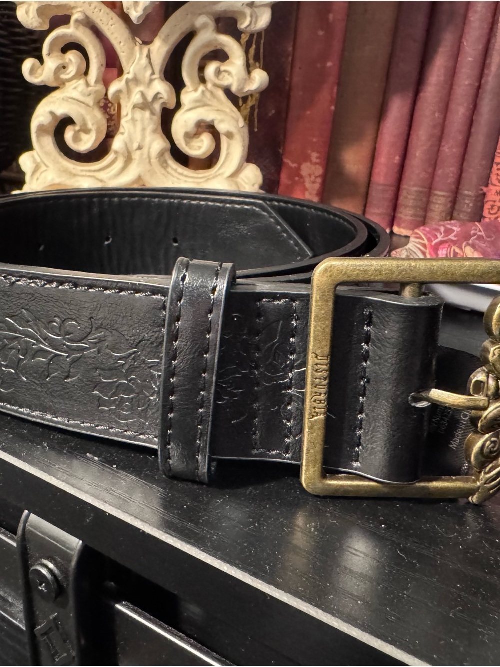 Disturbia mortmoth Embossed Black Belt with Antique Brass moth Buckle XL